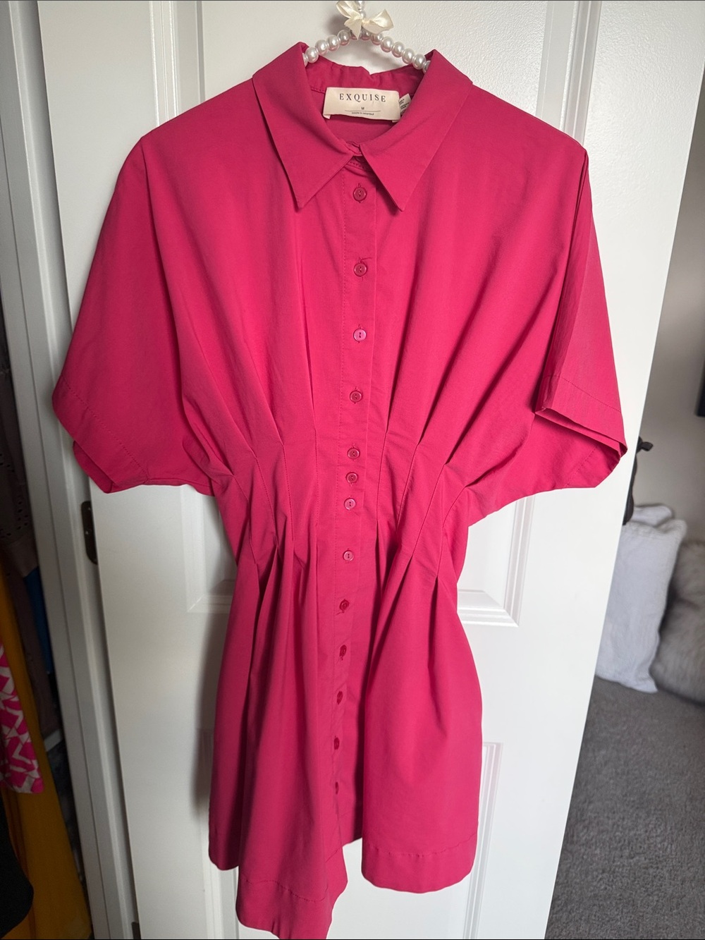 Exquise Fuchsia Pleated Waist Button Front Midi Dress Size Medium